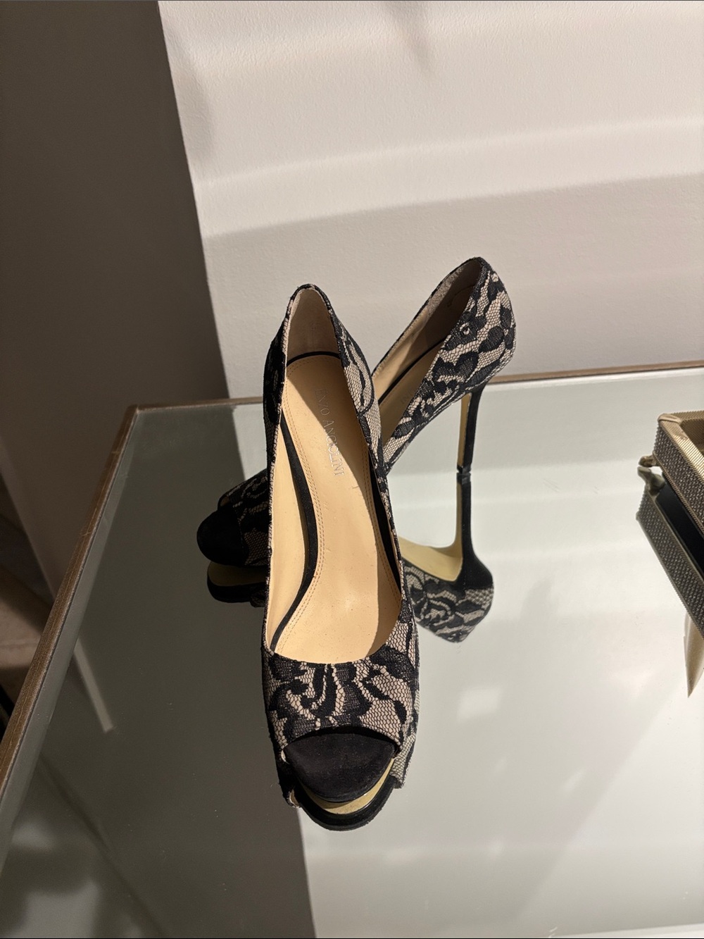 Enzo Angiolini Black & Cream Lace Peep-Toe Stilettos